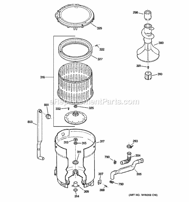 GE WHRE5260E6CC Washer Tub, Basket & Agitator Diagram