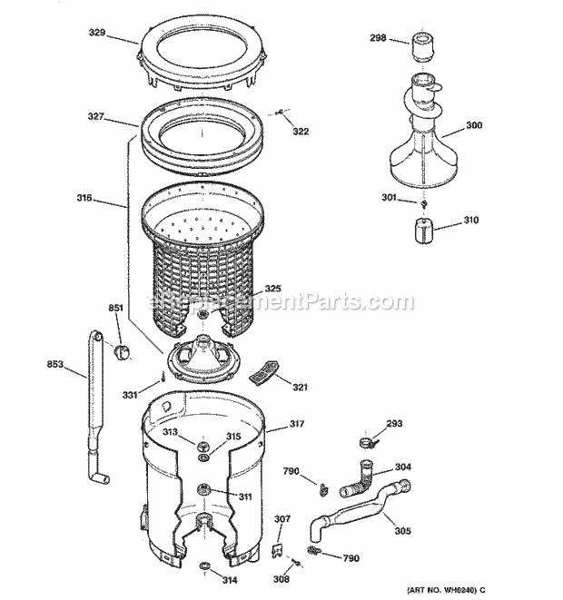 GE WISQ416CT6WW Washer Tub, Basket & Agitator Diagram