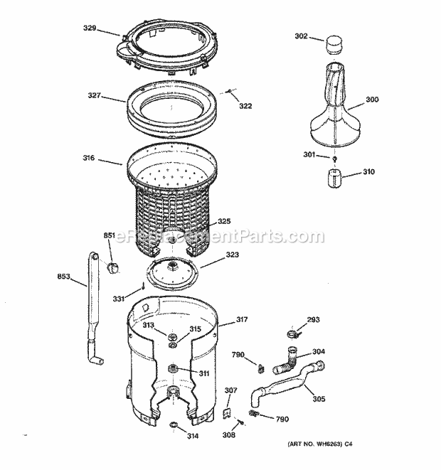 GE WJSR1070A2WW Washer Tub, Basket & Agitator Diagram