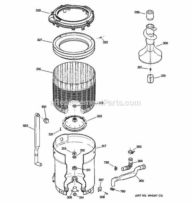 GE WJSR4160D5CC Washer Tub, Basket & Agitator Diagram
