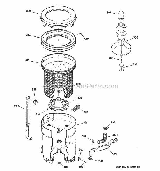 GE WKXR2100TBAA Washer Tub, Basket & Agitator Diagram