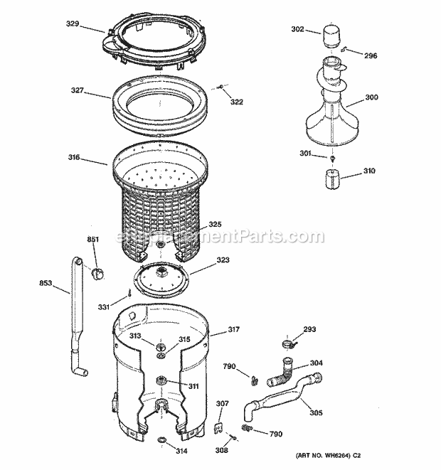 GE WLCD2050B1WC Washer Tub, Basket & Agitator Diagram