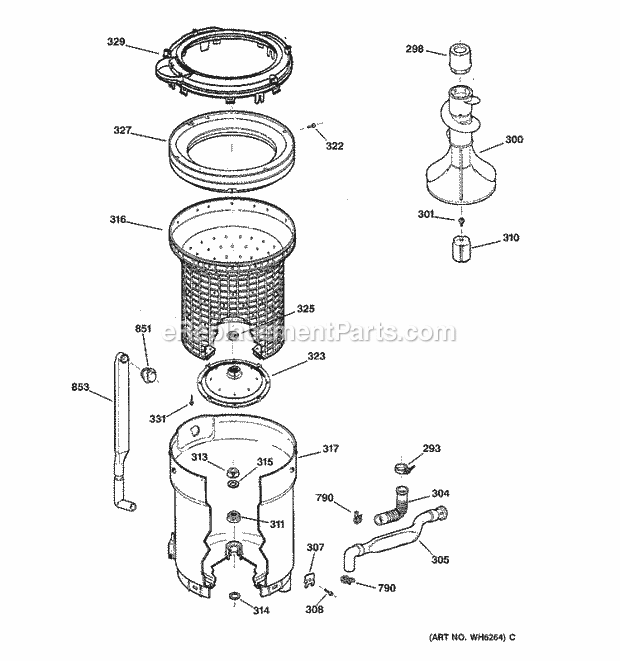 GE WLSE3150A0WW Washer Tub, Basket & Agitator Diagram