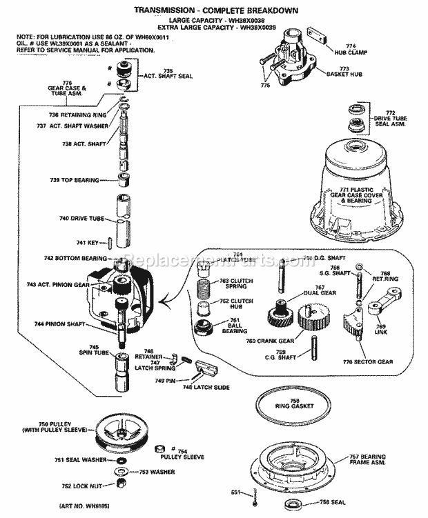 GE WLW4700BCL Washer Tranmission - Complete Breakdown Diagram