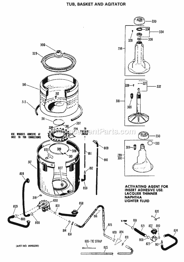 GE WLW4700BCL Washer Tub, Basket and Agitator Diagram