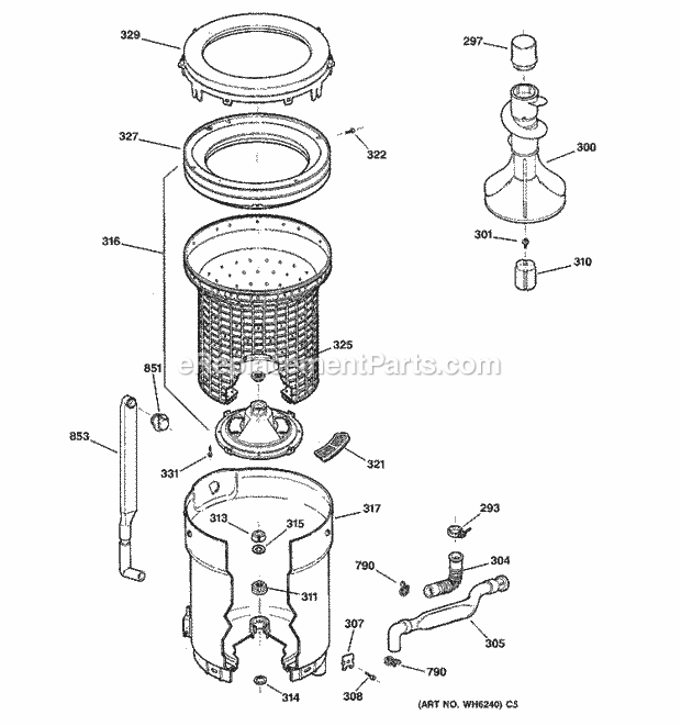 GE WMSR2100T6WW Washer Tub, Basket & Agitator Diagram