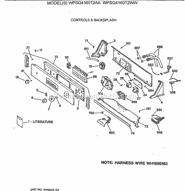 GE WPSQ4160T2WW Washer Controls & Backsplash Diagram