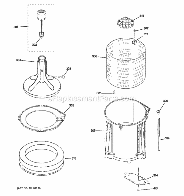 GE WSKS3040E0WW Washer Tub, Basket & Agitator Diagram