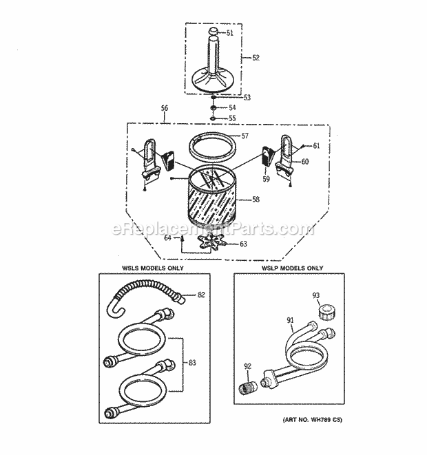 GE WSLS1100A1WW Washer Tub & Agitator Diagram