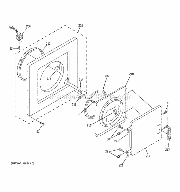 GE WSM2480TCAAA Washer Dryer Combination Dryer Front Panel & Door Diagram