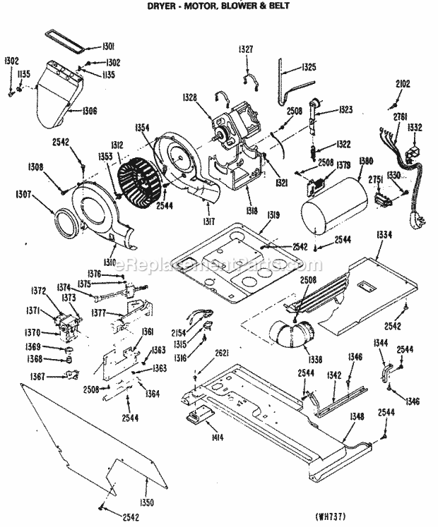 GE WSM2700RAW Washer Dryer Combination Dryer - Motor, Blower & Belt Diagram