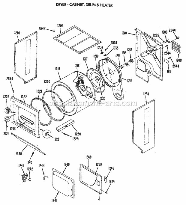 GE WSM2700RDW Washer Dryer Combination Dryer - Cabinet, Drum & Heater Diagram