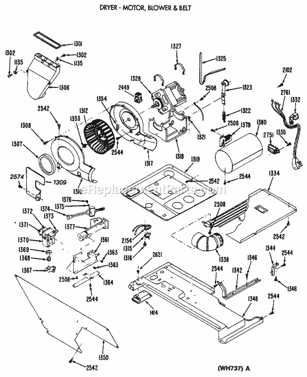 GE WSM2700RDW Washer Dryer Combination Dryer - Motor, Blower & Belt Diagram