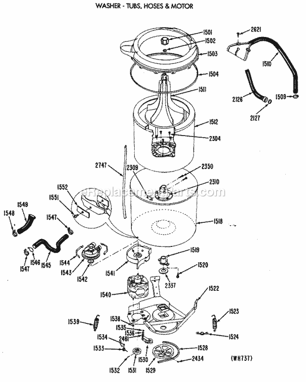 GE WSM2700RDW Washer Dryer Combination Washer - Tubs, Hoses & Motor Diagram