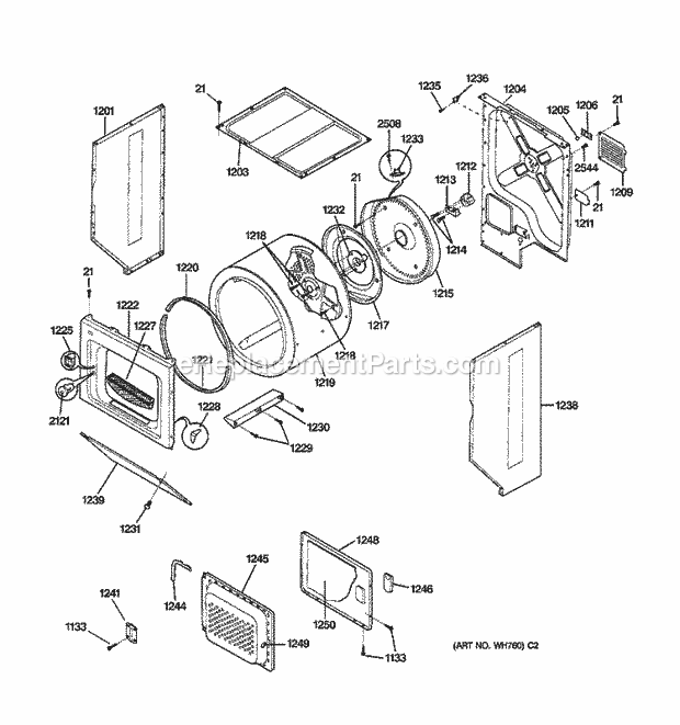 GE WSM2700TCWWB Washer Dryer Combination Dryer - Cabinet, Drum & Heater Diagram