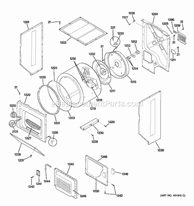 GE WSM2700WCWWW Washer Dryer Combination Dryer Upper Cabinet, Drum & Heater Diagram