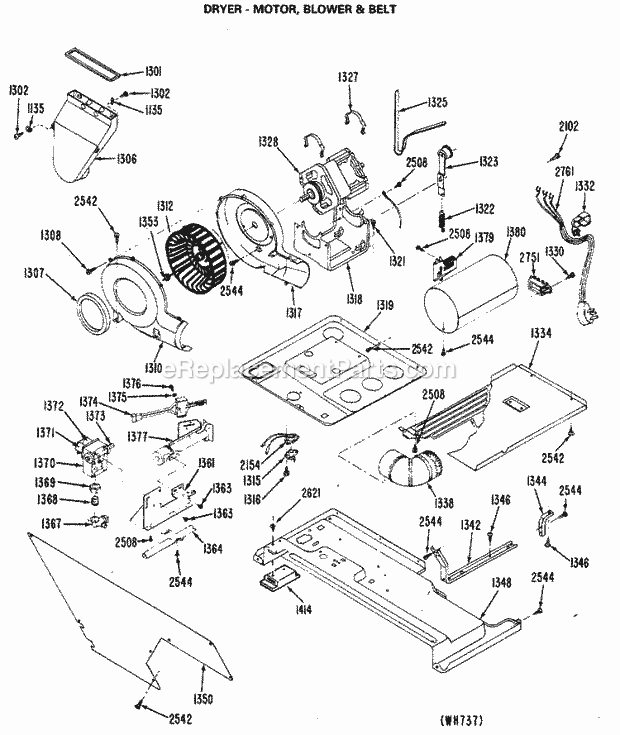 GE WSM2780LCW Washer Dryer - Motor, Blower & Belt Diagram