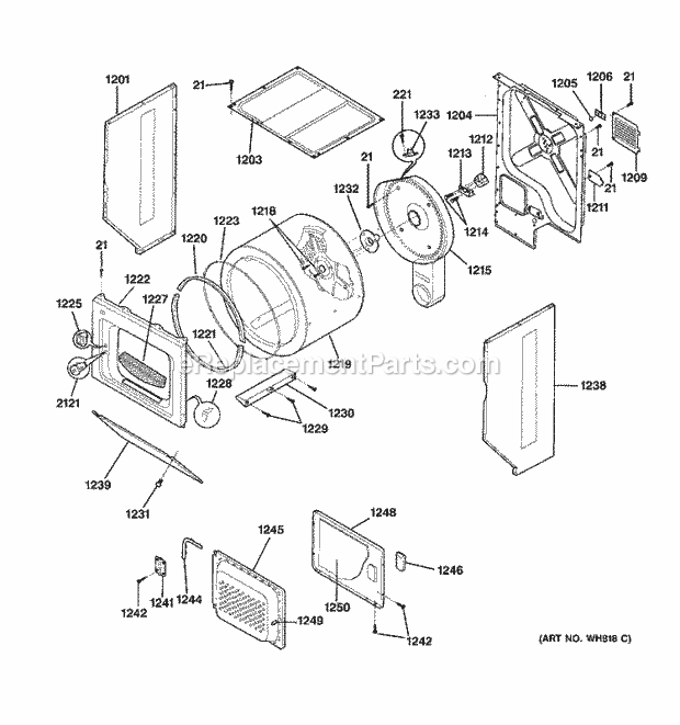 GE WSM2781WCWWW Washer Dryer Combination Dryer Cabinet, Drum & Heater Diagram