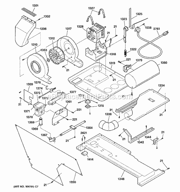 GE WSM2781WCWWW Washer Dryer Combination Dryer Motor, Blower & Belt Diagram