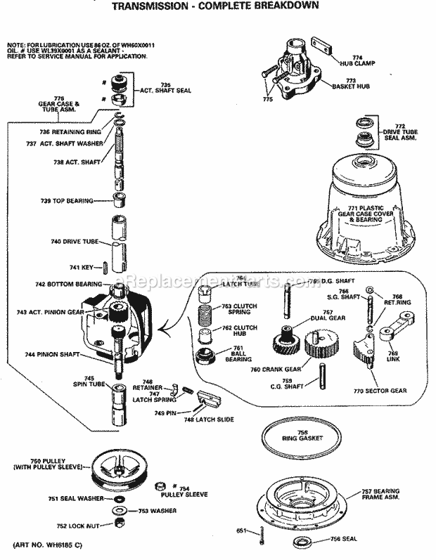 GE WWA5710SALWW Washer Transmission - Complete Breakdown Diagram