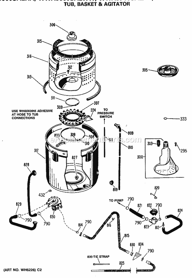 GE WWA5710SALWW Washer Tub, Basket & Agitator Diagram