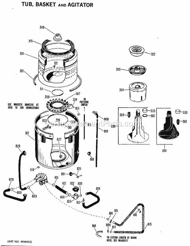 GE WWA5800VCL Washer Tub, Basket and Agitator Diagram