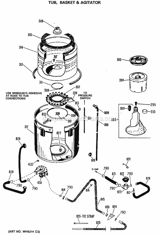 GE WWA7800RBL Washer Tub, Basket & Agitator Diagram