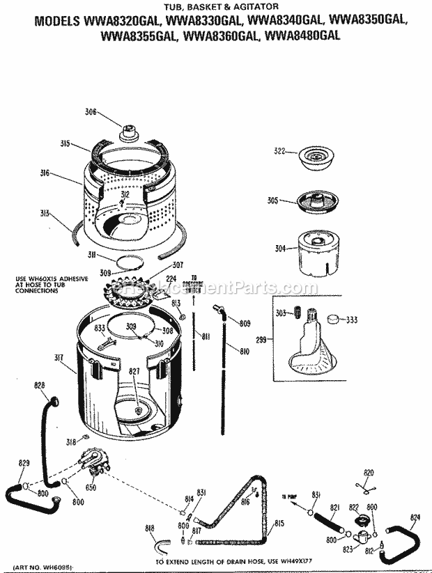 GE WWA8320GAL Washer Tub, Basket & Agitator Diagram