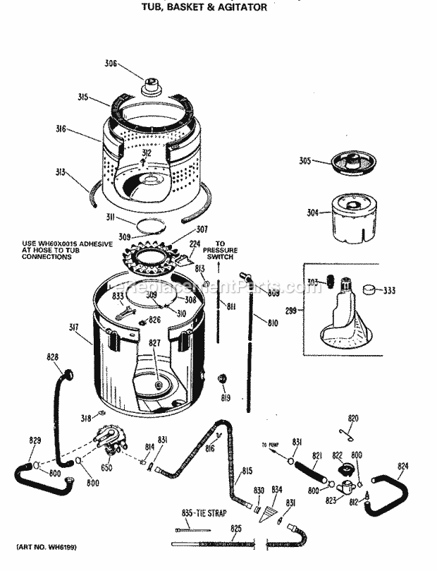 GE WWA8808MAL Washer Tub, Basket & Agitator Diagram