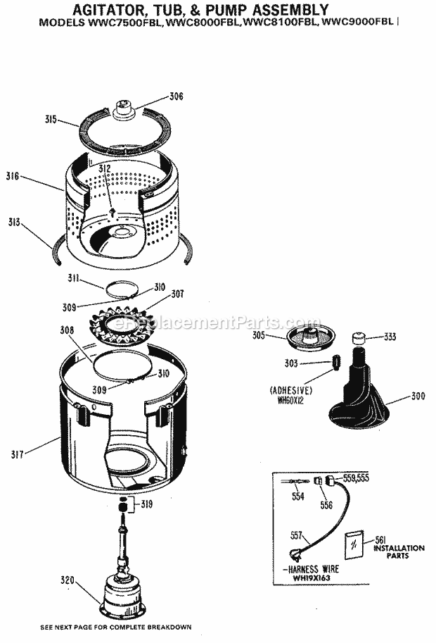 GE WWC8000FBL Washer Agitator, Tub, & Pump Assembly Diagram