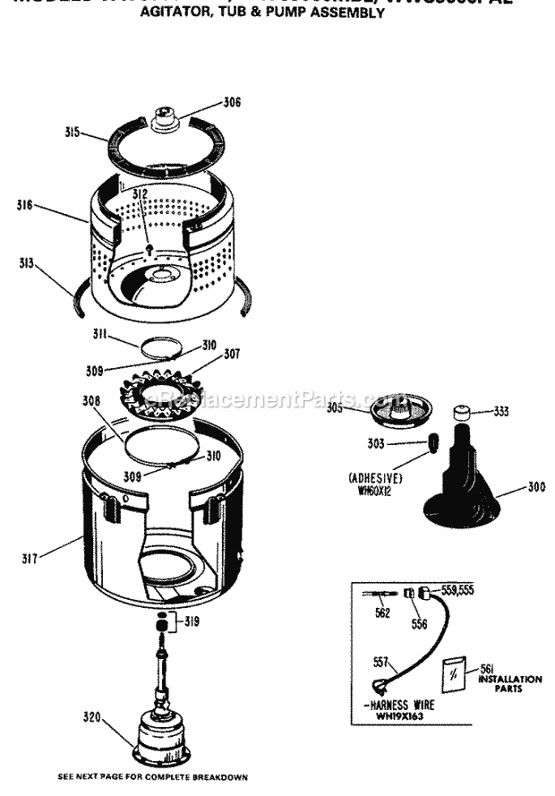 GE WWC8000PAL Washer Agitator, Tub & Pump Assembly Diagram