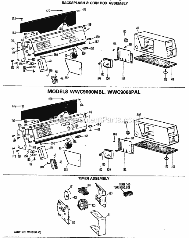 GE WWC8000PAL Washer Backsplash & Coin Box Assembly Diagram