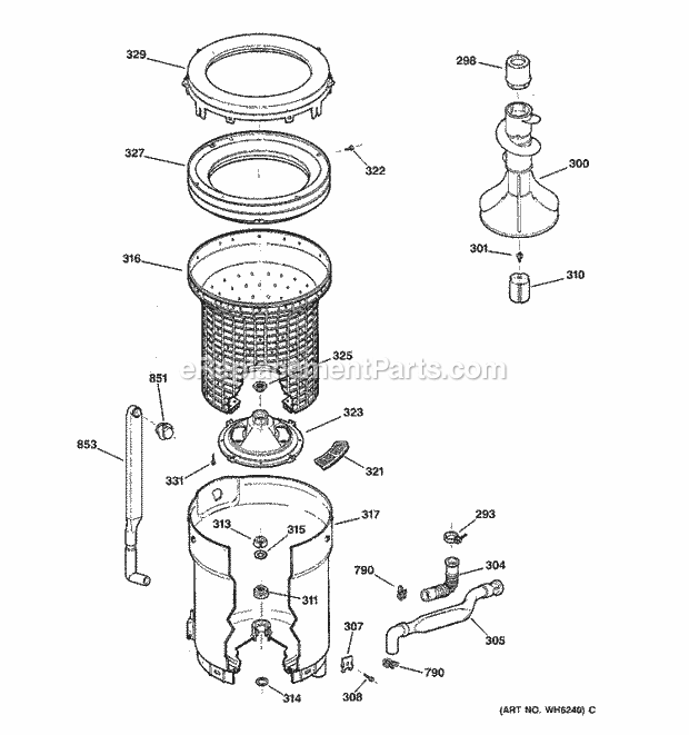 GE WWSR3090TAWW Washer Tub, Basket & Agitator Diagram