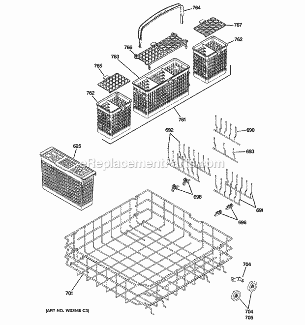 GE ZBD0700K03II Dishwasher Lower Rack Assembly Diagram