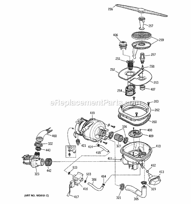 GE ZBD7000G00II Dishwasher Sump Assembly Diagram