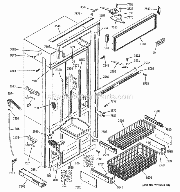 GE ZIC360NRHRH Bottom Mount Refrigerator Freezer Section, Trim & Components Diagram