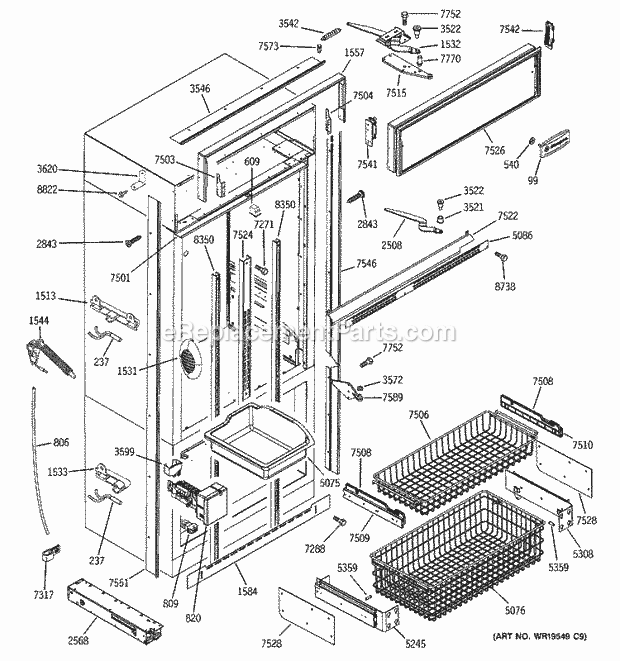 GE ZICP720BSDSS Bottom Mount Refrigerator Freezer Section, Trim & Components Diagram