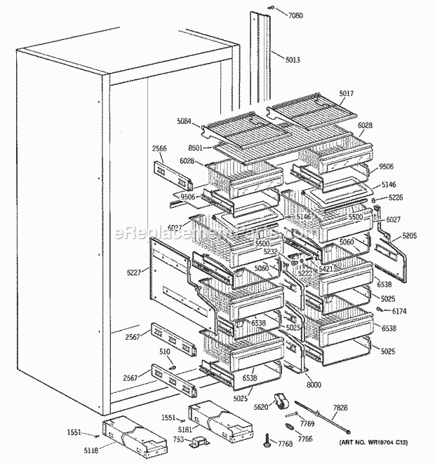 GE ZIF36NMGLH Refrigerator Shelves & Drawers Diagram