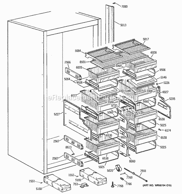 GE ZIFS36NMDLH Refrigerator Shelves & Drawers Diagram