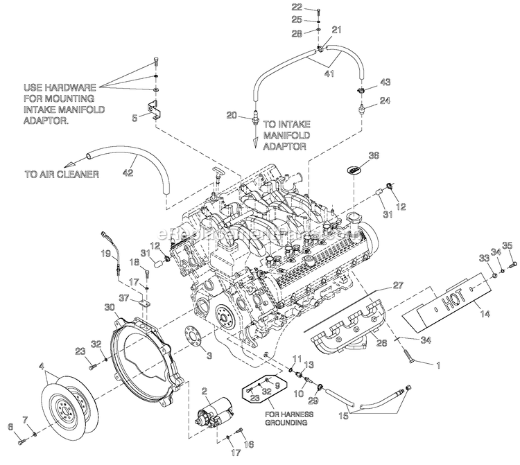 Generac QT05554ANANA (5246779 - 5246780)(2008) 55kw 5.4 120/240 1p Ng Al Bh10 -12-16 Generator - Liquid Cooled Engie Common Parts R/H Side 5.4l Cpl Diagram