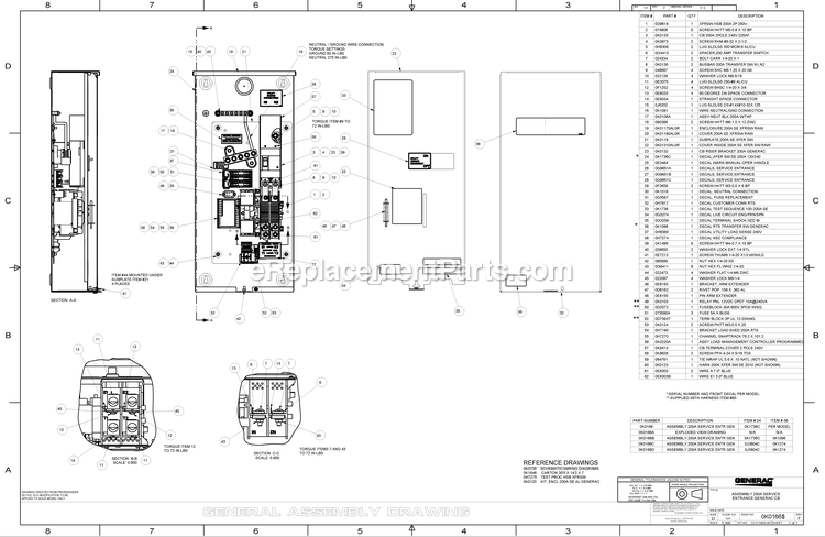 Generac RTSG100A3 (7251194 - 9436825)(2016) Trans Sw 100a 120/240 1p 3r Se -05-09 Generator Ev 200a Service Entr Gen Diagram