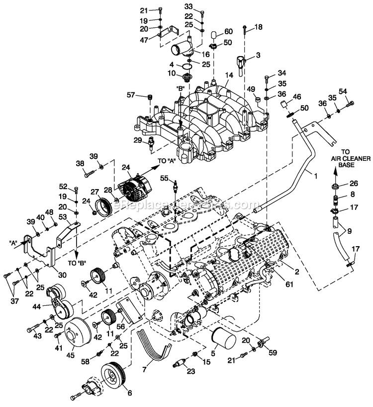 Generac ST08046AVSN (5008698 - 5150519)(2008) Obs 80kw 4.6 120/240 1p Vp Stl -10-03 Generator - Liquid Cooled Engine Common Parts L/H Side 4.6l G3 Fwd Qt Diagram