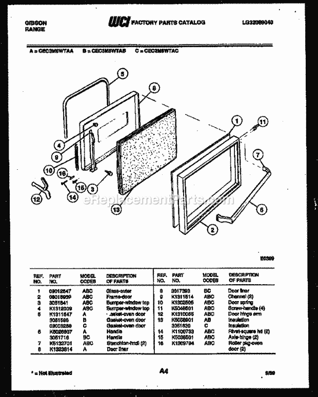 Gibson CEC3M6WTAB Freestanding, Electric Range - Electric - Lg32089040 Door Parts Diagram