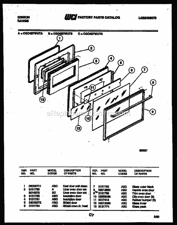 Gibson CGC4S7WUTA Gas Range - Gas - Lg32489070 Door Parts Diagram