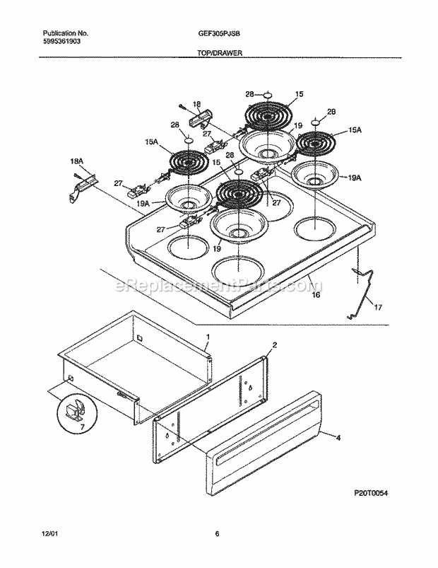 Gibson GEF305PJSB Freestanding, Electric Electric Range Top / Drawer Diagram