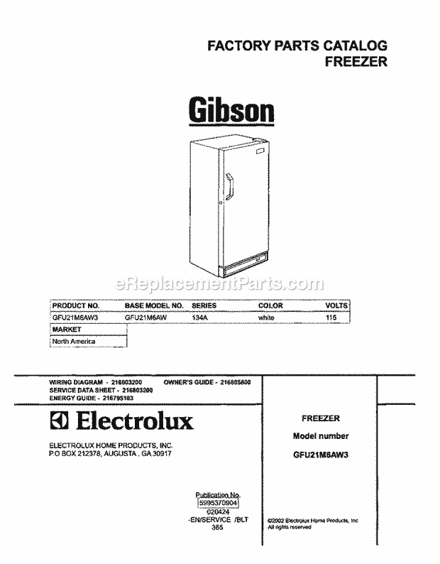 Gibson GFU21M6AW3 Upright Freezer Page B Diagram