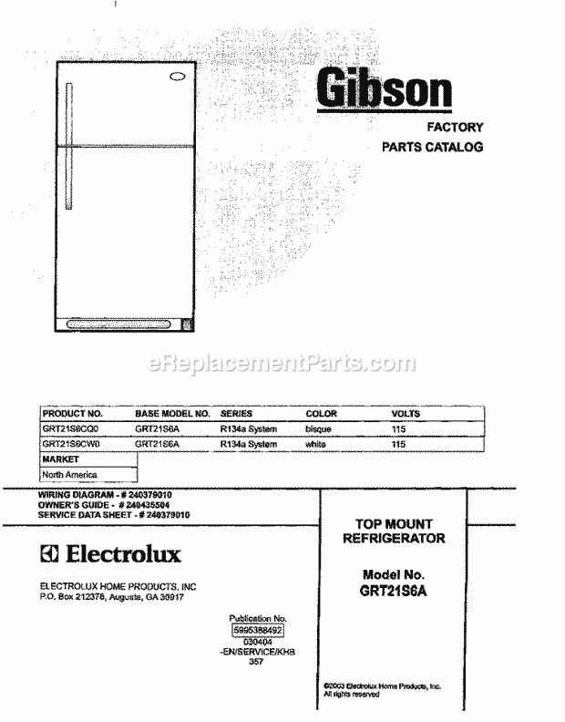 Gibson GRT21S6CW0 Top Freezer Top Mount Page B Diagram