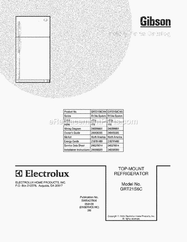 Gibson GRT21S6CW5 Top Freezer Refrigerator Page B Diagram