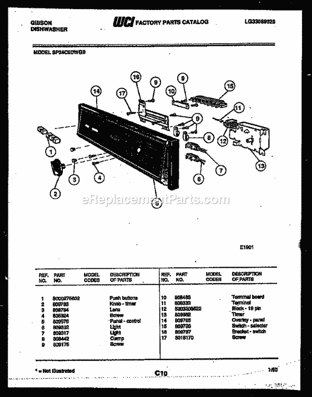 Gibson SP24C6DWGB Dishwasher Console and Control Parts Diagram