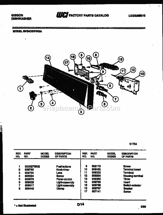 Gibson SP24C6WWGA Dishwasher Control Parts Diagram